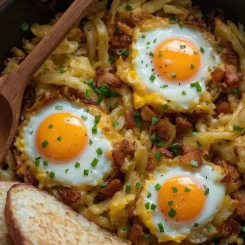 how to make simple cheesy skillet hash browns and eggs recipe