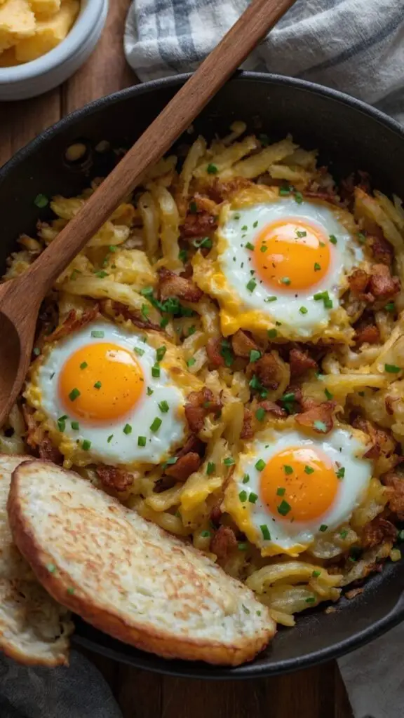 how to make simple cheesy skillet hash browns and eggs recipe how to make simple cheesy skillet hash browns and eggs recipe