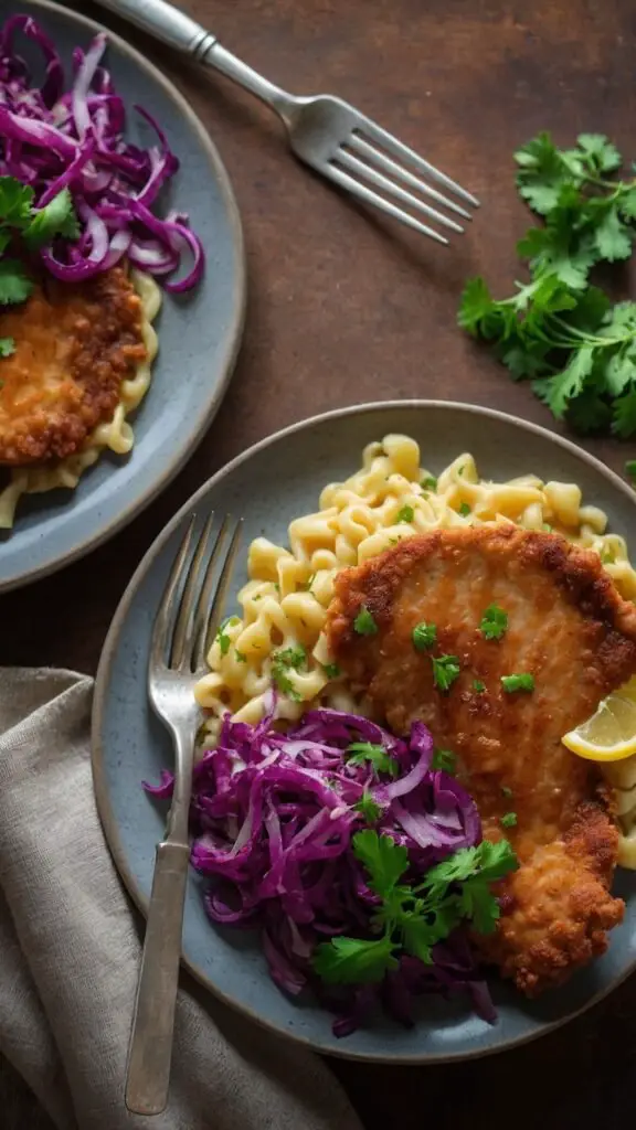 Schnitzel Over Buttered Spätzle with Sweet and Sour Cabbage copycat recipe