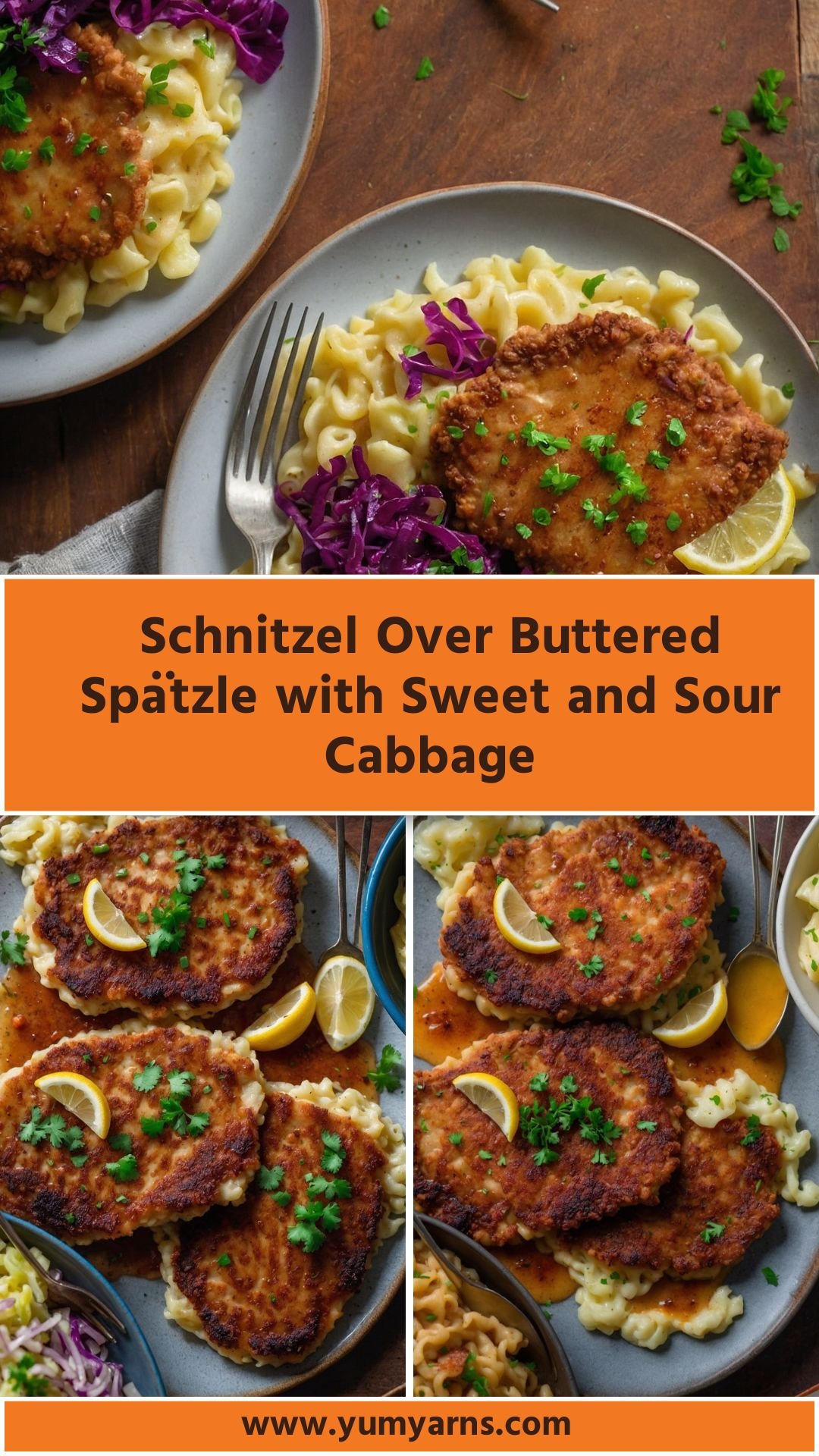 Schnitzel Over Buttered Spätzle with Sweet and Sour Cabbage